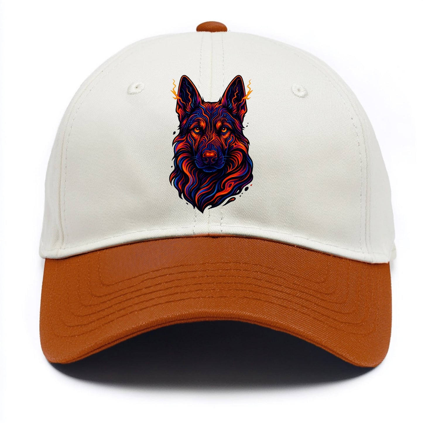 Alert German Shepherd with cyber circuit patterns in the fur, neon orange and black - Two Tone Cap - Orange