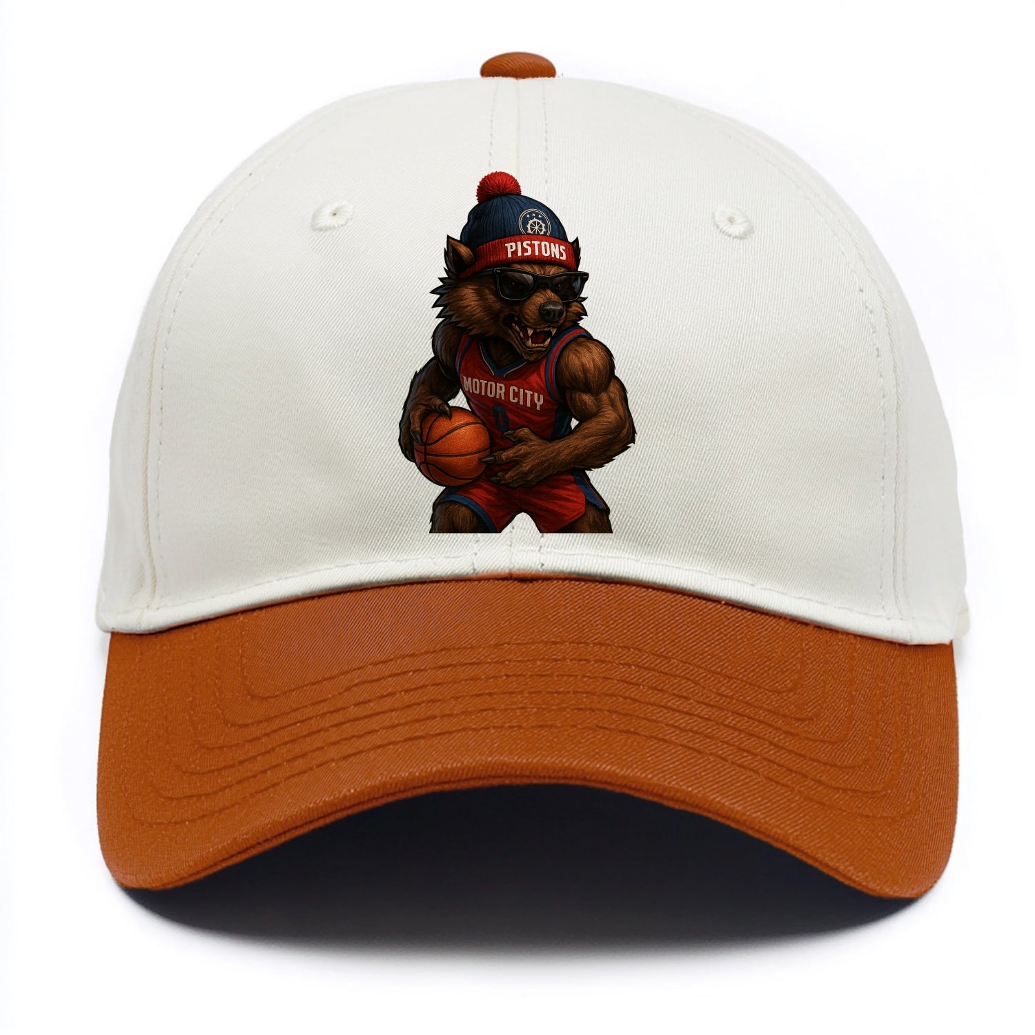 Motor City Wolverine wearing Pistons beanie with gear patch and wayfarer sunglasses - Two Tone Cap - Orange