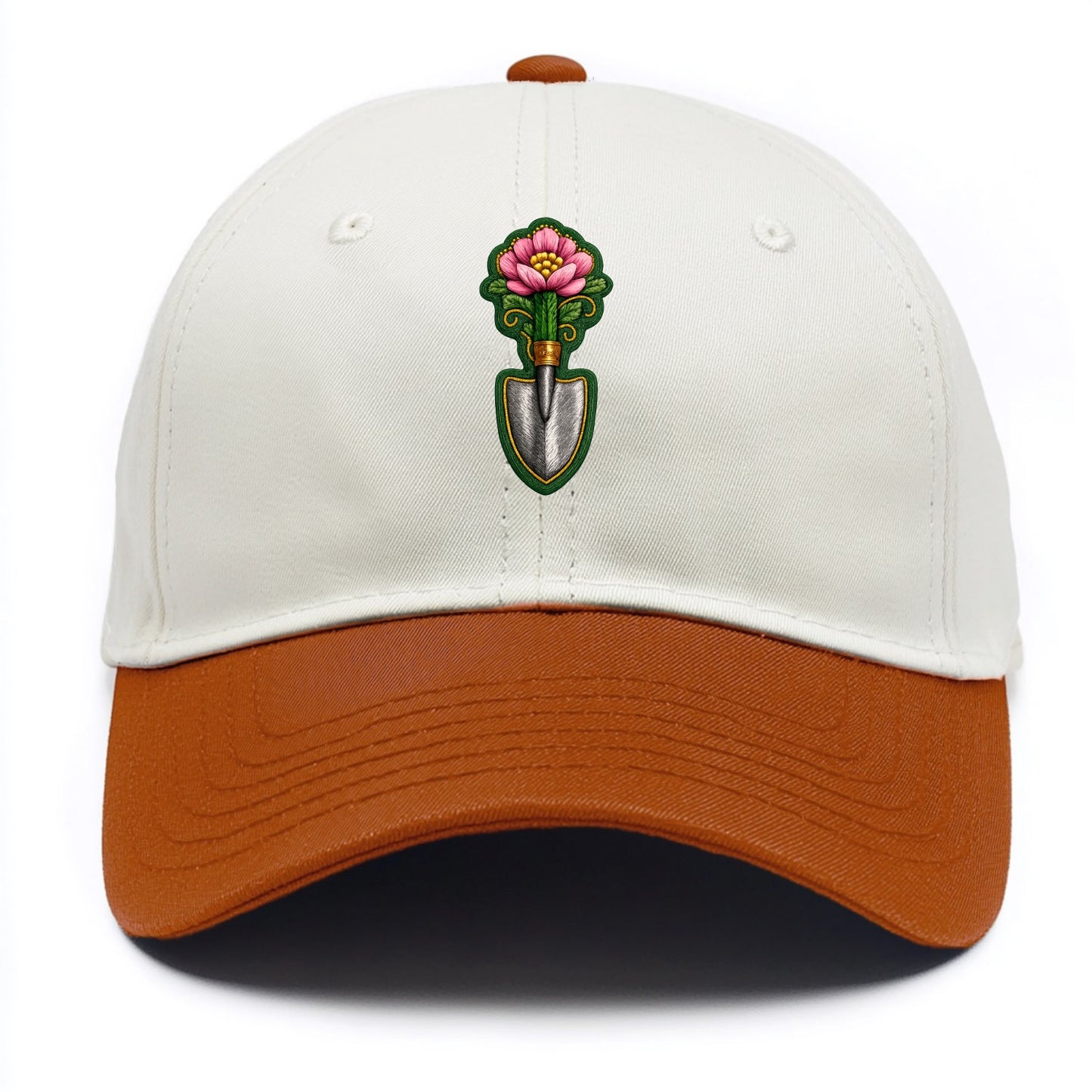 Embroidered patch design - GARDENING TROWEL FLOWER - garden tool with blooming - Two Tone Cap - Orange
