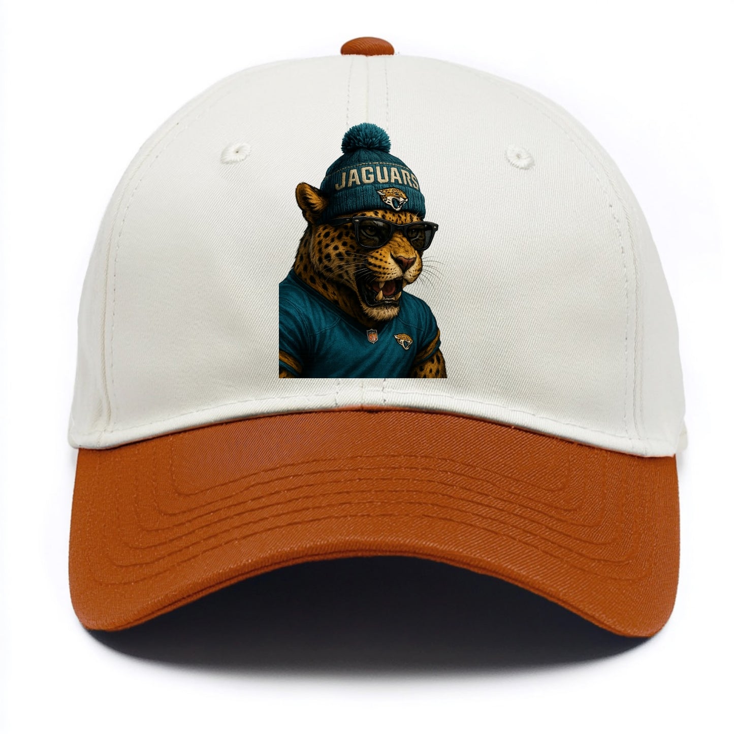 Jacksonville Jaguar wearing Jaguars teal and gold beanie with pom pom and wayfarer - Two Tone Cap - Orange