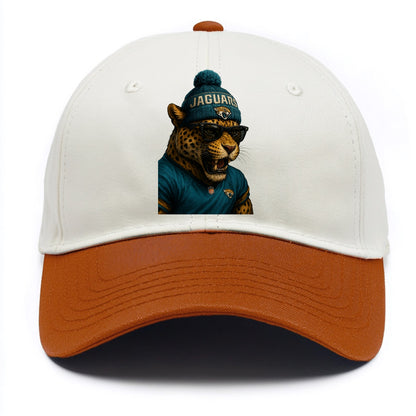 Jacksonville Jaguar wearing Jaguars teal and gold beanie with pom pom and wayfarer - Two Tone Cap - Orange