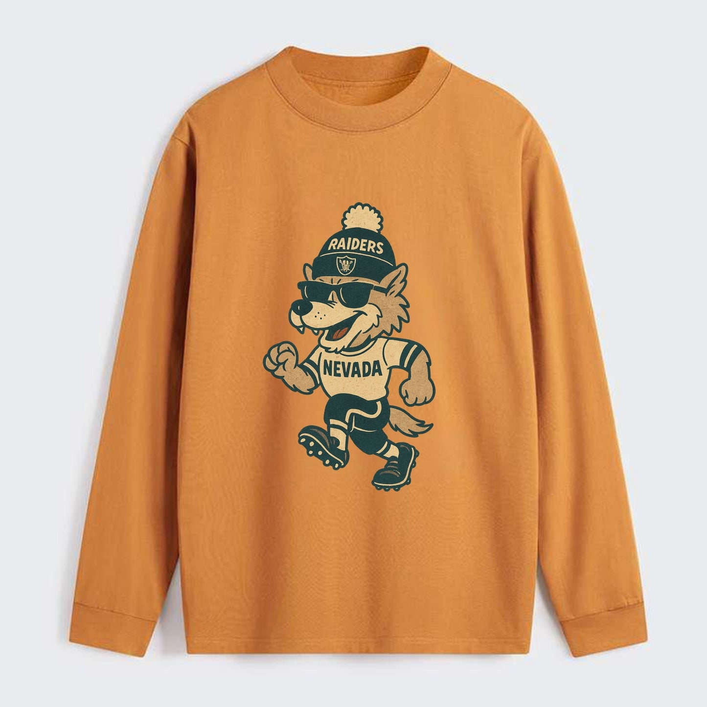 Nevada Wolf wearing Raiders beanie with outlaw patch and wayfarer - Classic Long Sleeve Shirt - Orange