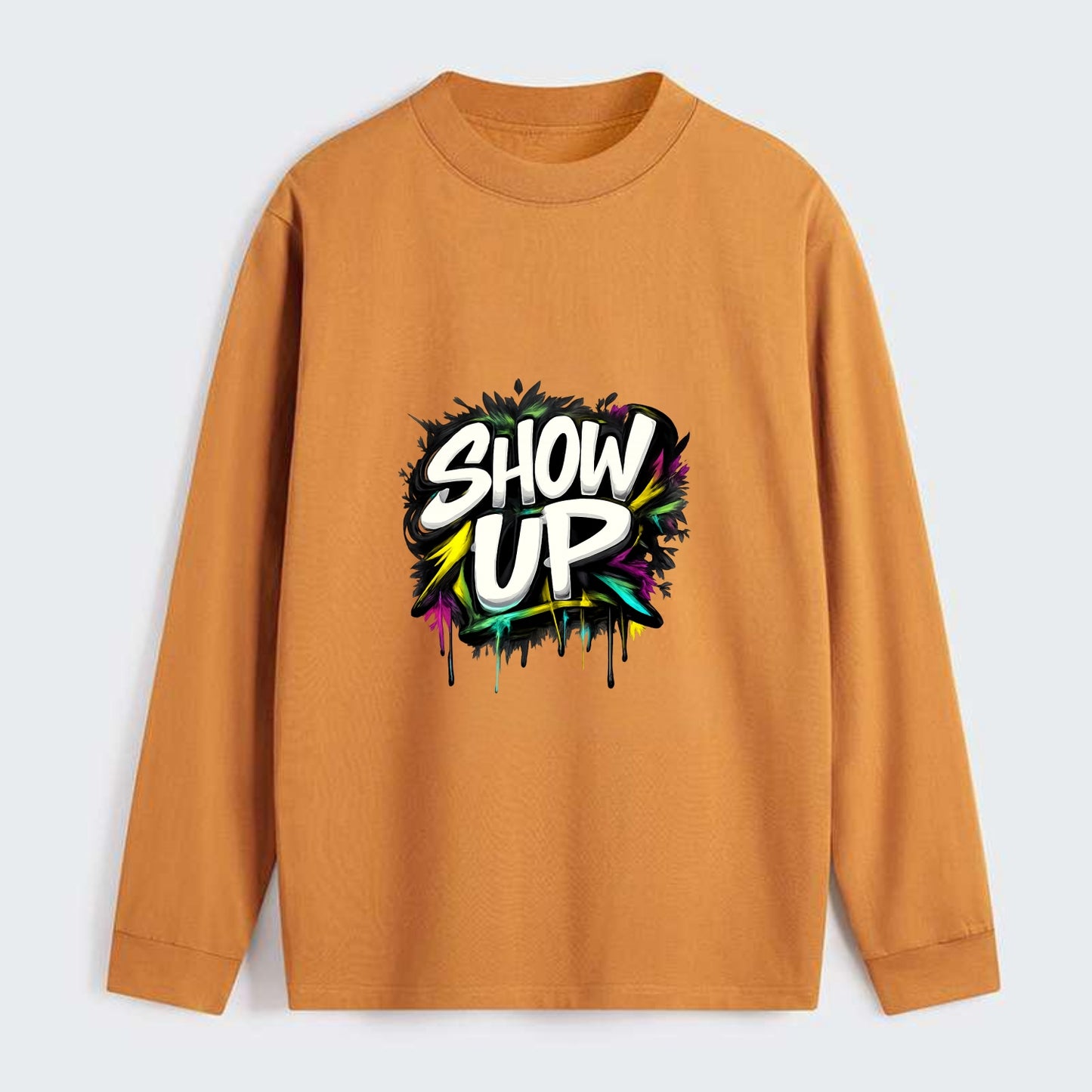 Bold typography design - "SHOW UP" - be present, arrive ready - Classic Long Sleeve Shirt - Orange