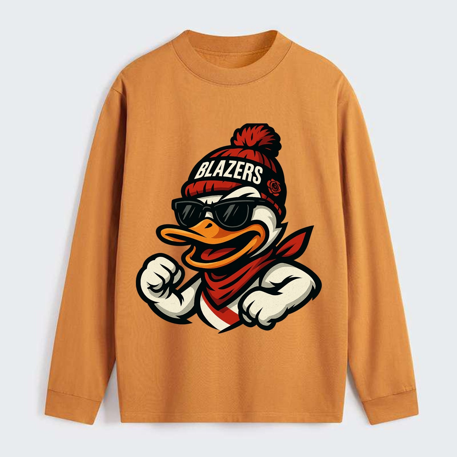 Oregon Duck wearing Trail Blazers beanie with rose patch and wayfarer - Classic Long Sleeve Shirt - Orange