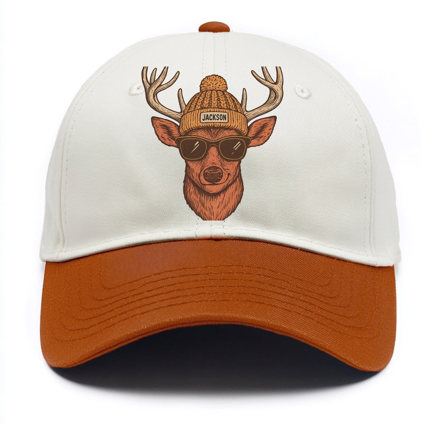 Mississippi White-tailed Deer wearing Jackson beanie with pom pom and wayfarer - Two Tone Cap - Orange
