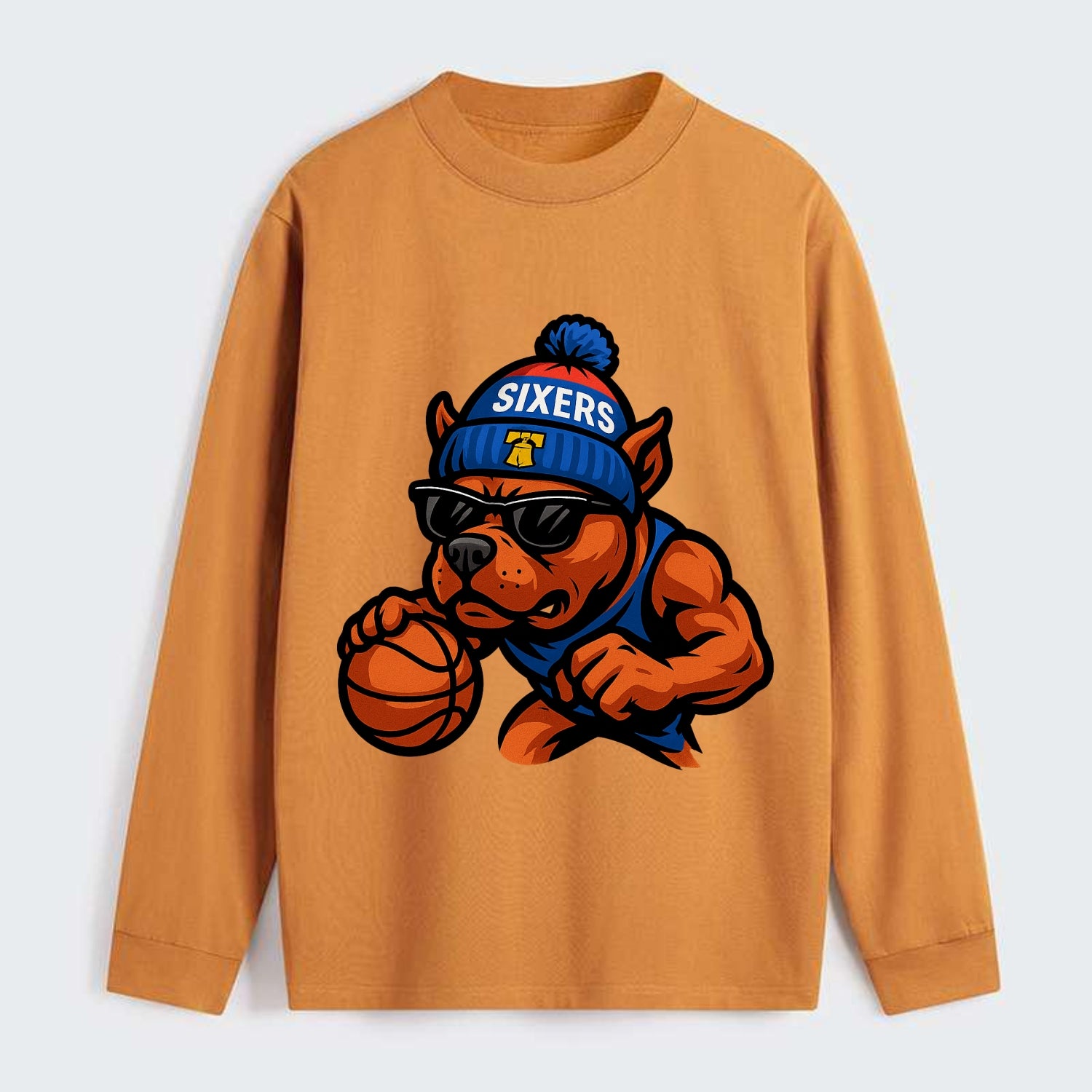 Philly Pitbull wearing Sixers beanie with Liberty Bell and wayfarer - Classic Long Sleeve Shirt - Orange