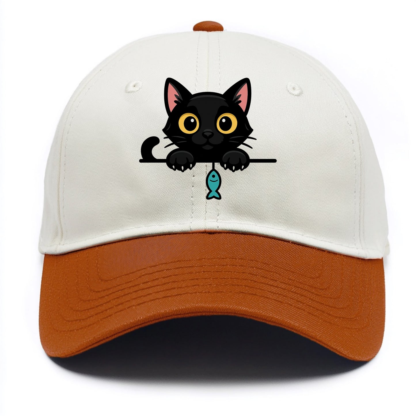 Midnight the black cat holding a tiny yarn ball between both paws while peeking. - Two Tone Cap - Orange