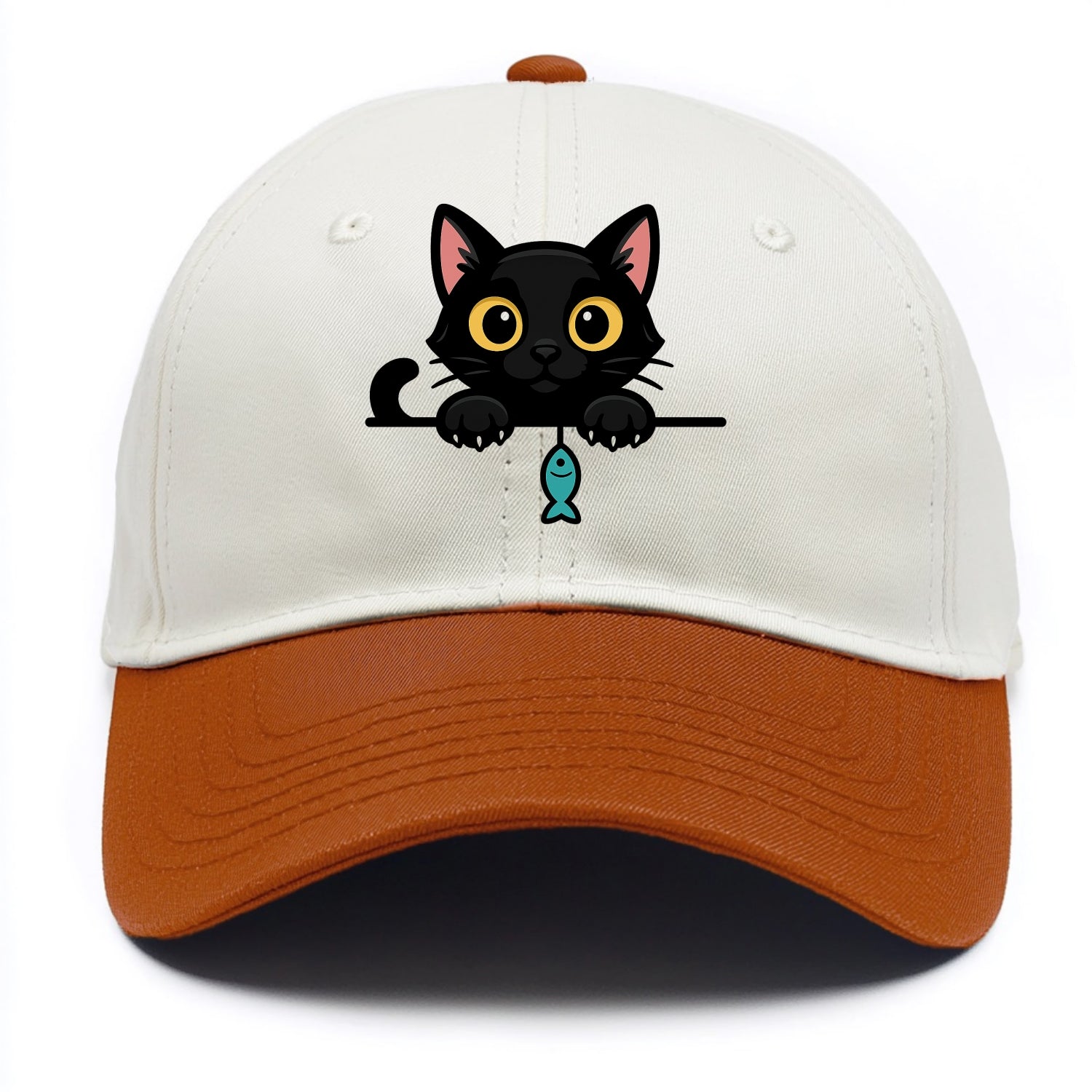 Midnight the black cat holding a tiny yarn ball between both paws while peeking. - Two Tone Cap - Orange