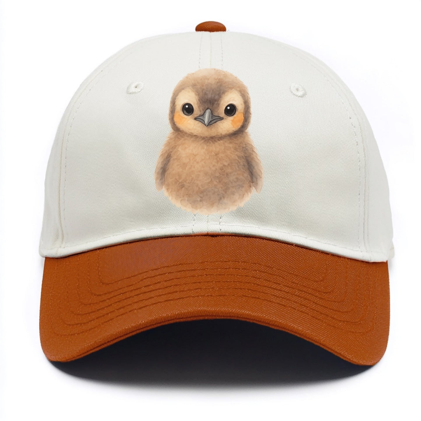 Baby King Penguin - orange cheek patches, fluffy brown, large eyes, front-facing, - Two Tone Cap - Orange