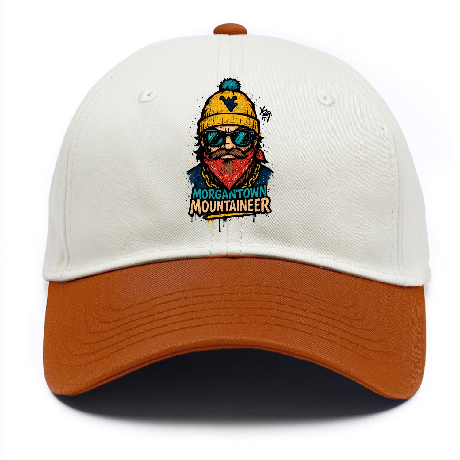 Morgantown Mountaineer wearing West Virginia beanie with WV patch - Two Tone Cap - Orange