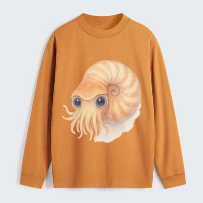 Baby Nautilus - spiral shell, tentacles peeking, ancient eyes, - Classic Long Sleeve Shirt - Orange