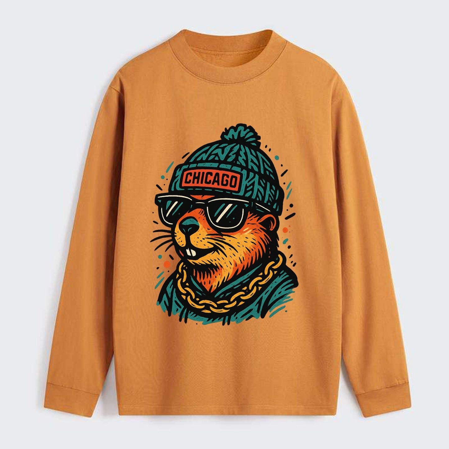 Illinois Prairie Dog wearing Chicago beanie with pom pom and wayfarer - Classic Long Sleeve Shirt - Orange