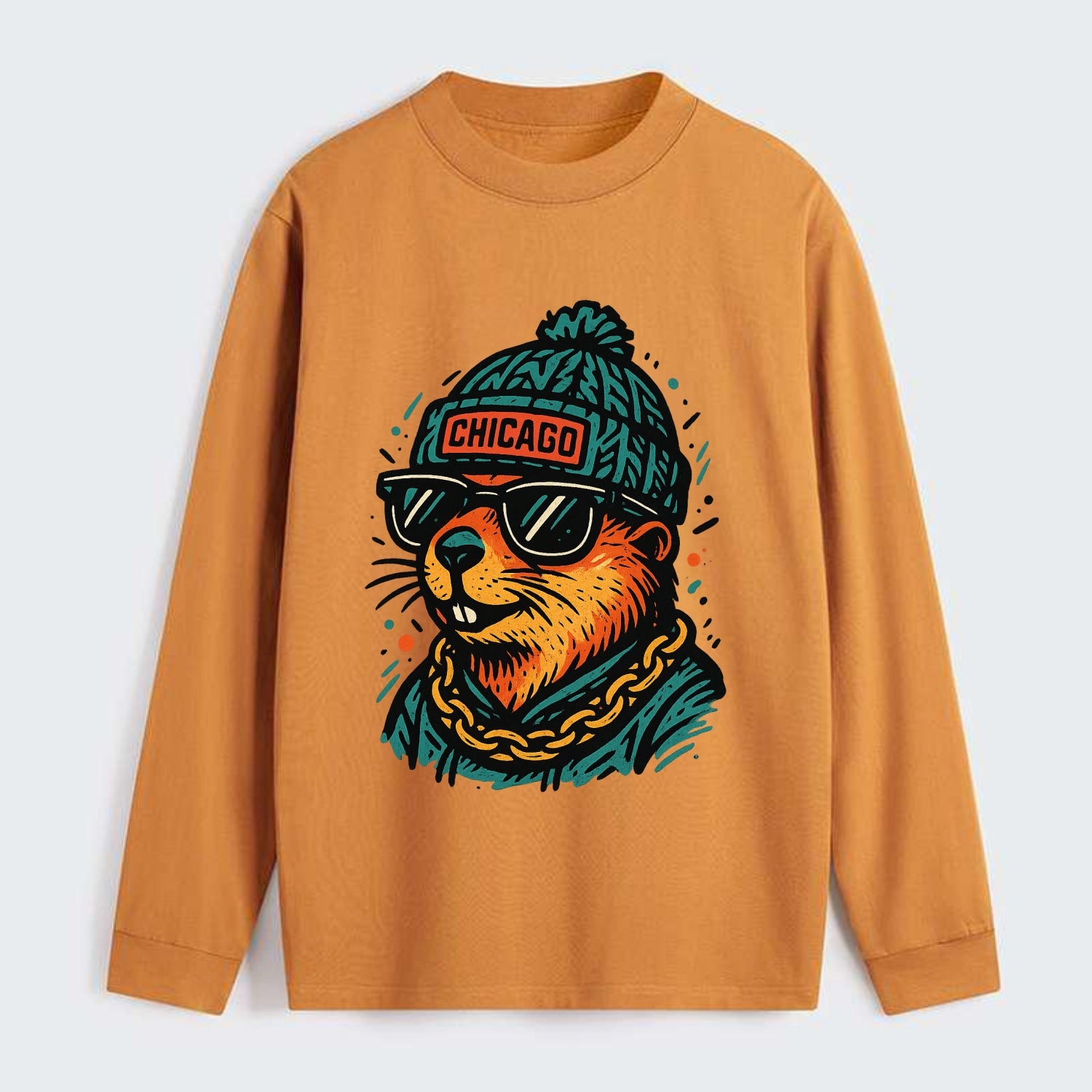 Illinois Prairie Dog wearing Chicago beanie with pom pom and wayfarer - Classic Long Sleeve Shirt - Orange