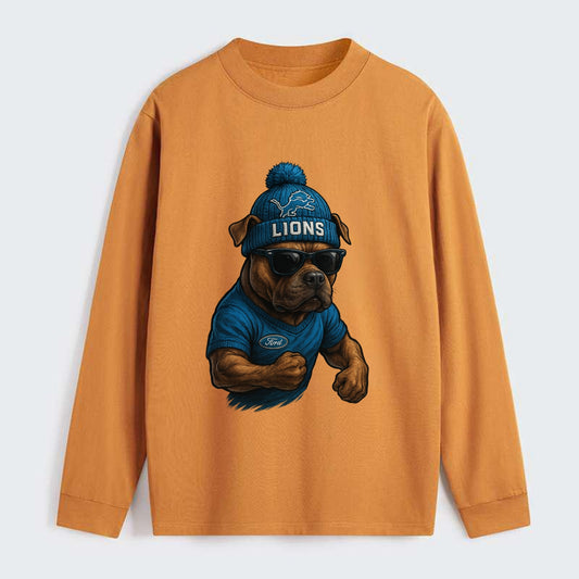 Detroit Pitbull wearing Lions beanie with auto patch and wayfarer - Classic Long Sleeve Shirt - Orange