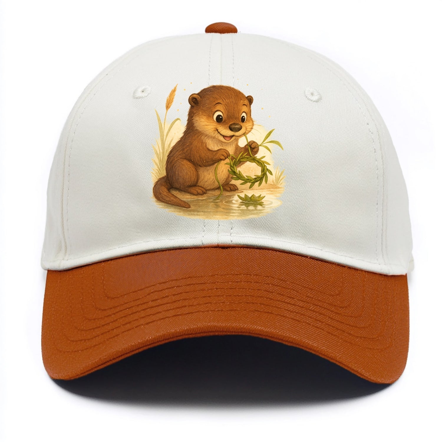 Otter weaving river reeds into a floating crown beside mirror-still water - Two Tone Cap - Orange