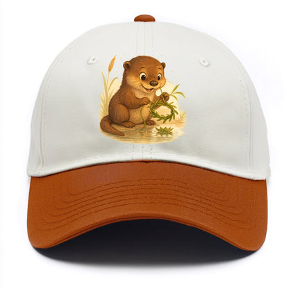 Otter weaving river reeds into a floating crown beside mirror-still water - Two Tone Cap - Orange