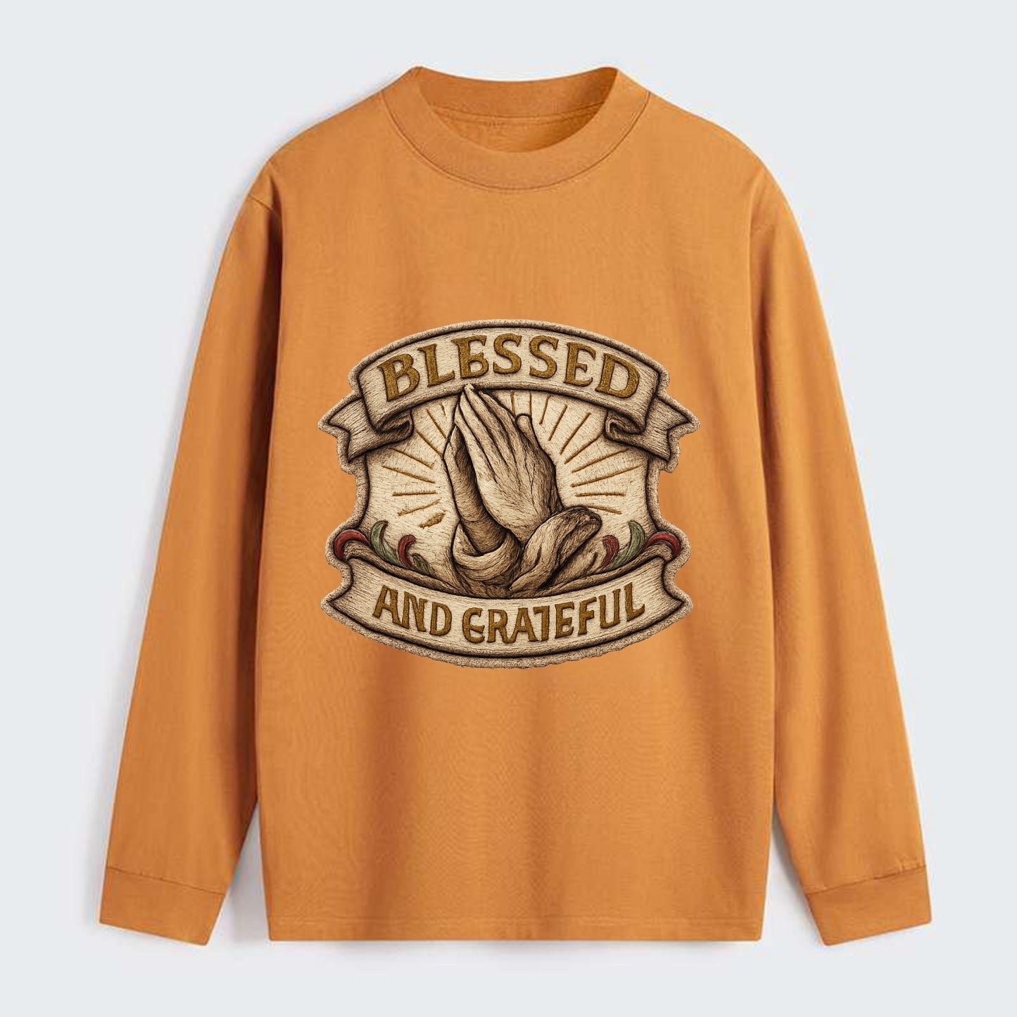 BLESSED AND GRATEFUL - praying hands with text in gold , thankful - Classic Long Sleeve Shirt - Orange