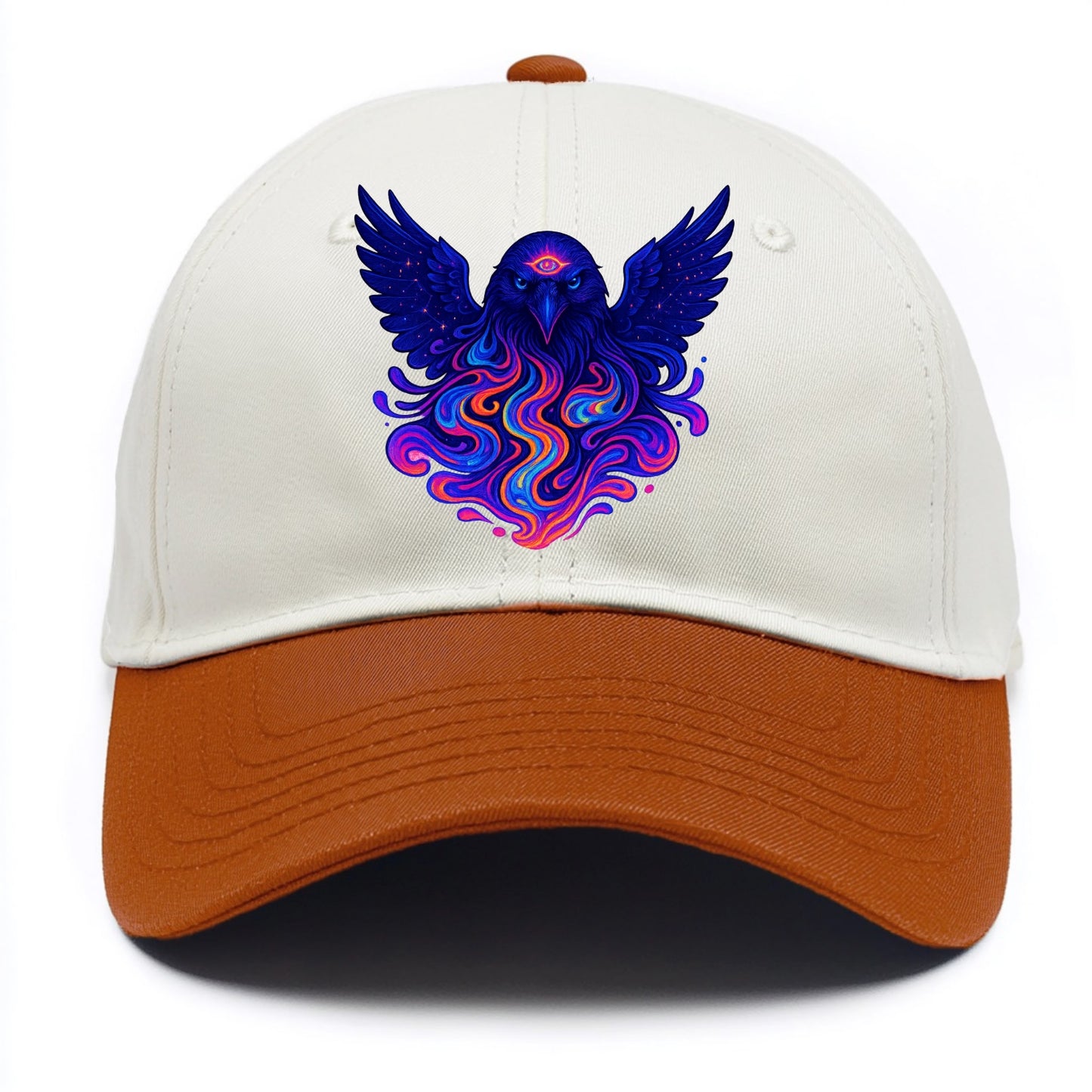 Mysterious raven with feathers showing future visions in neon colors, wings spread - Two Tone Cap - Orange