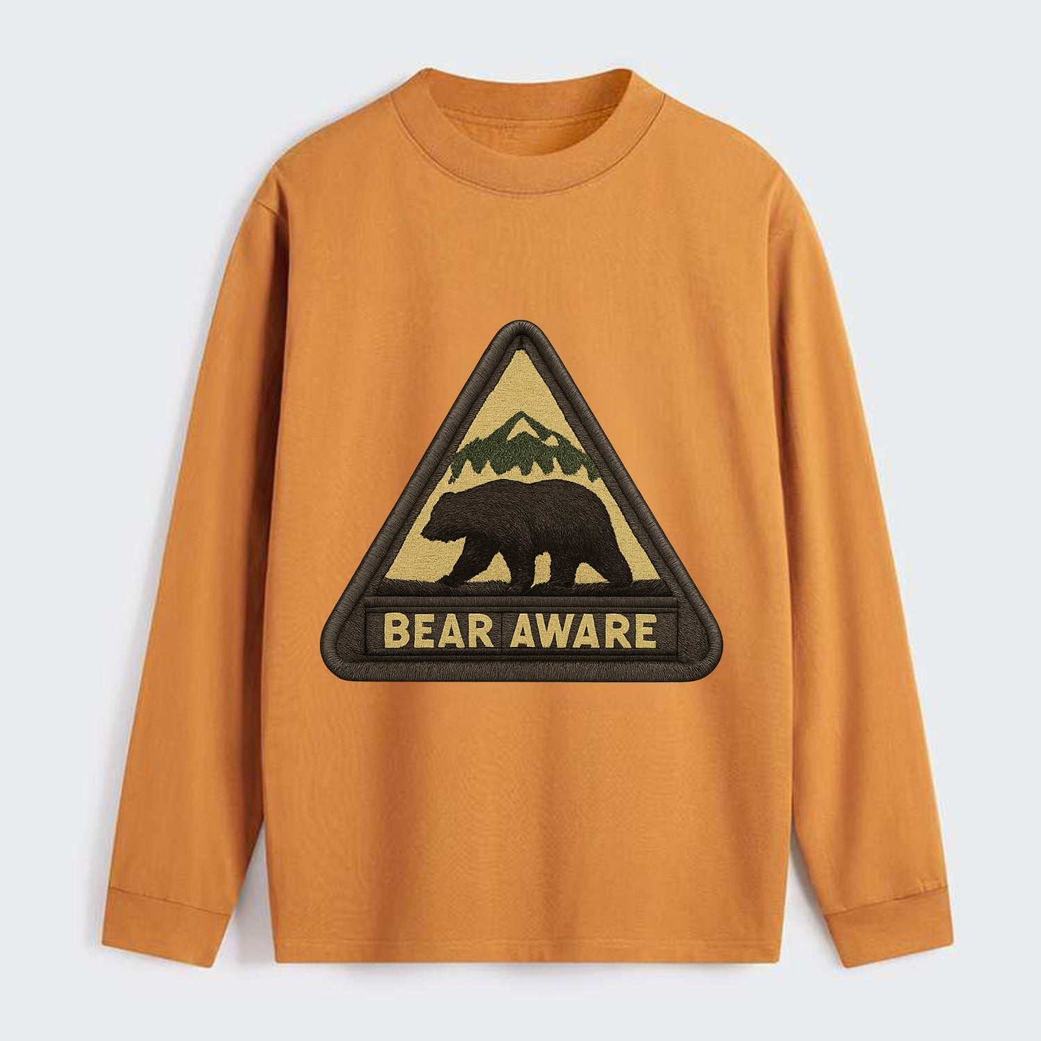 BEAR AWARE - bear silhouette warning in brown and yellow , wilderness - Classic Long Sleeve Shirt - Orange