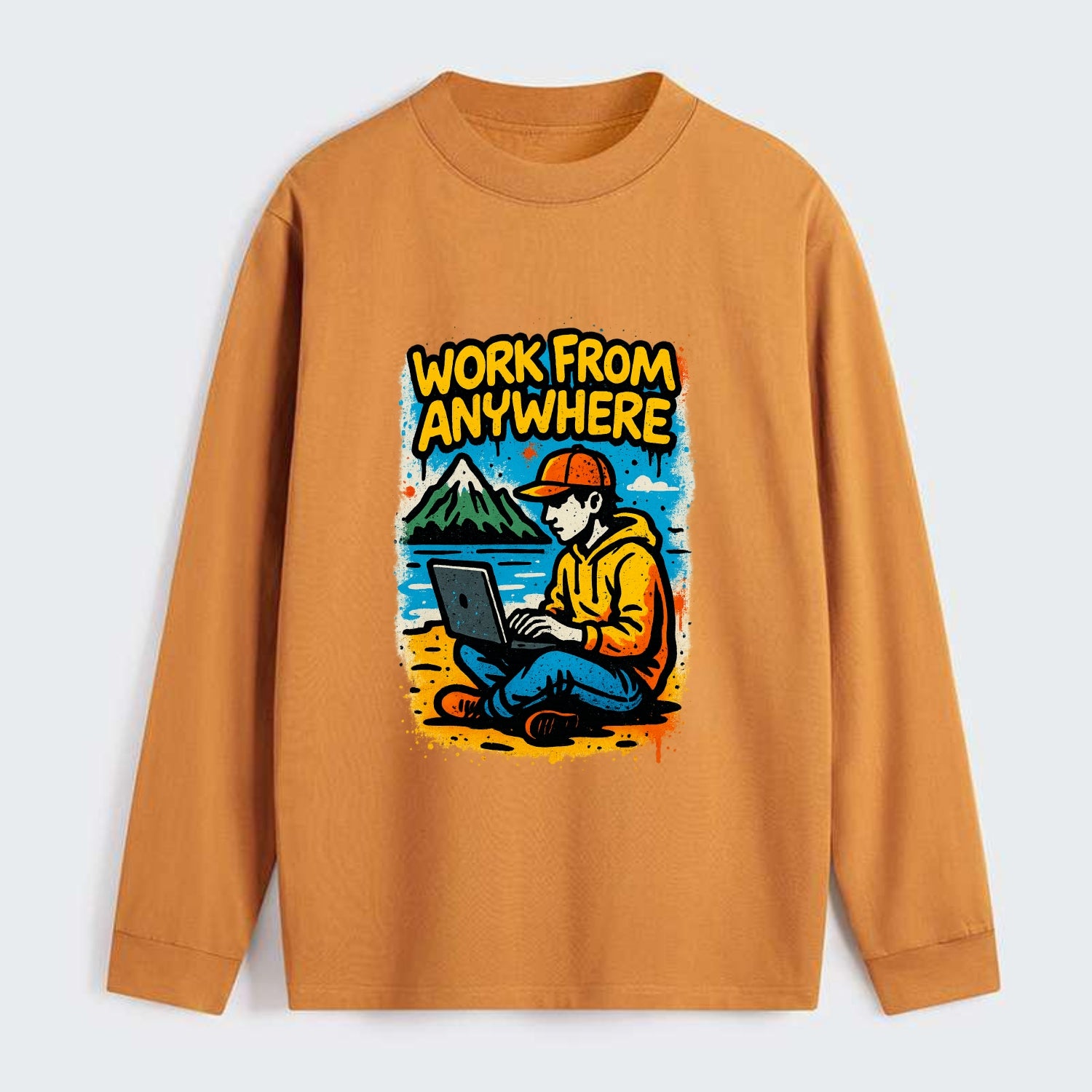 Digital nomad with laptop on beach/mountain - work from anywhere - Classic Long Sleeve Shirt - Orange