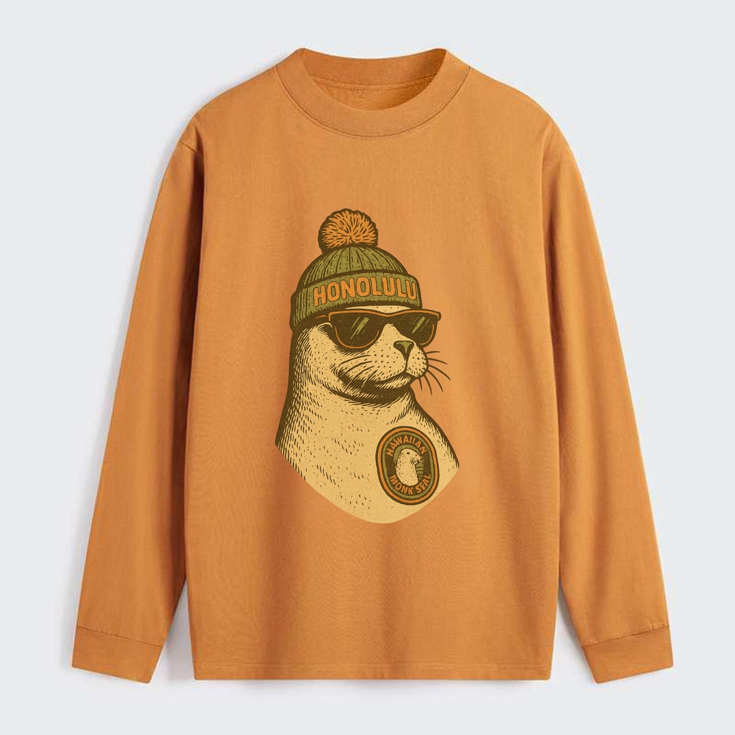 Hawaii Monk Seal wearing Honolulu beanie with pom pom and wayfarer - Classic Long Sleeve Shirt - Orange