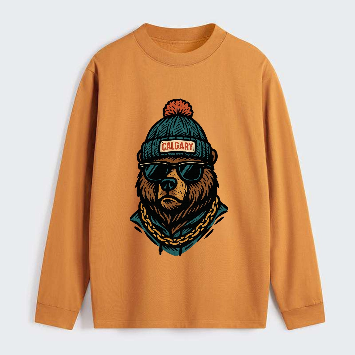 Calgary Grizzly Bear wearing Calgary beanie with pom pom and wayfarer - Classic Long Sleeve Shirt - Orange
