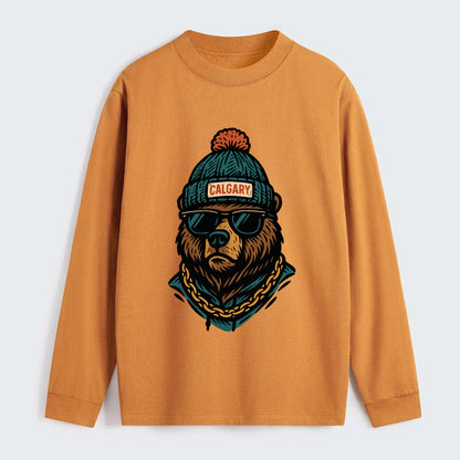 Calgary Grizzly Bear wearing Calgary beanie with pom pom and wayfarer - Classic Long Sleeve Shirt - Orange