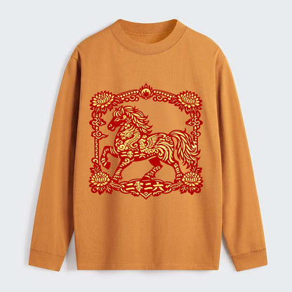 HORSE | Silk style horse design | Gold and silver thread appearance | - Classic Long Sleeve Shirt - Orange