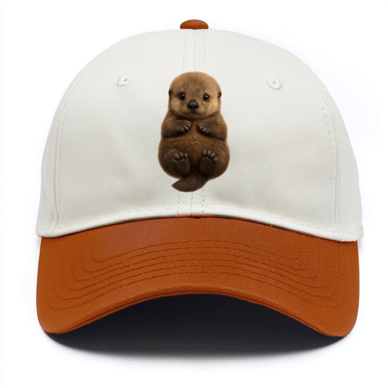 Baby Sea Otter - brown fluffy, floating on back, tiny paws, bright eyes, - Two Tone Cap - Orange