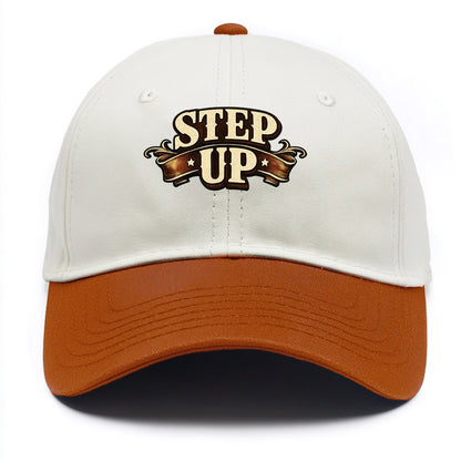 Bold typography design - "STEP UP" - rise to occasion, take charge - Two Tone Cap - Orange