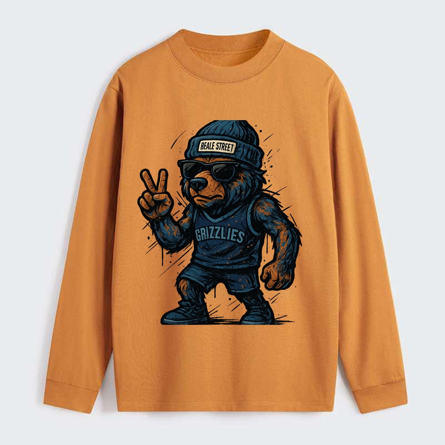 Memphis Grizzly Bear wearing Grizzlies navy and light blue beanie with - Classic Long Sleeve Shirt - Orange