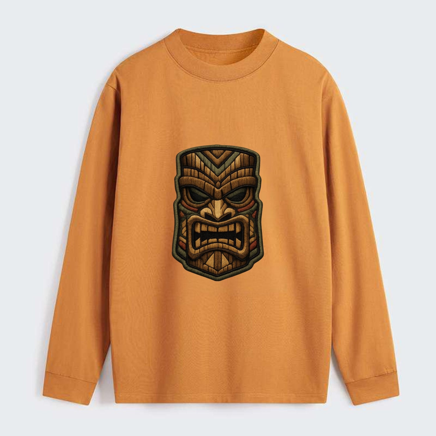 TIKI MASK - carved totem in brown and red , Polynesian - Classic Long Sleeve Shirt - Orange