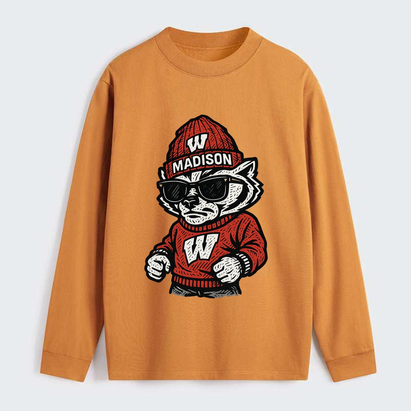 Madison Badger wearing Wisconsin beanie with motion W patch - Classic Long Sleeve Shirt - Orange
