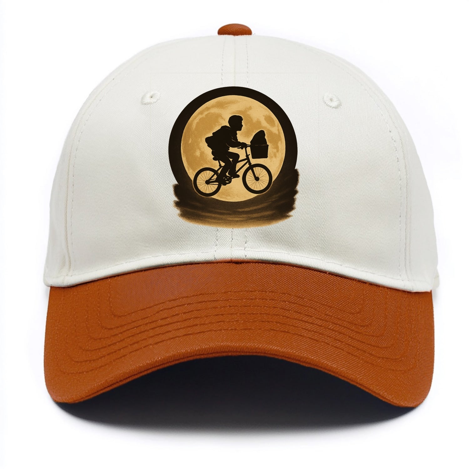 boy with bicycle flying across full moon with silhouette - Two Tone Cap - Orange