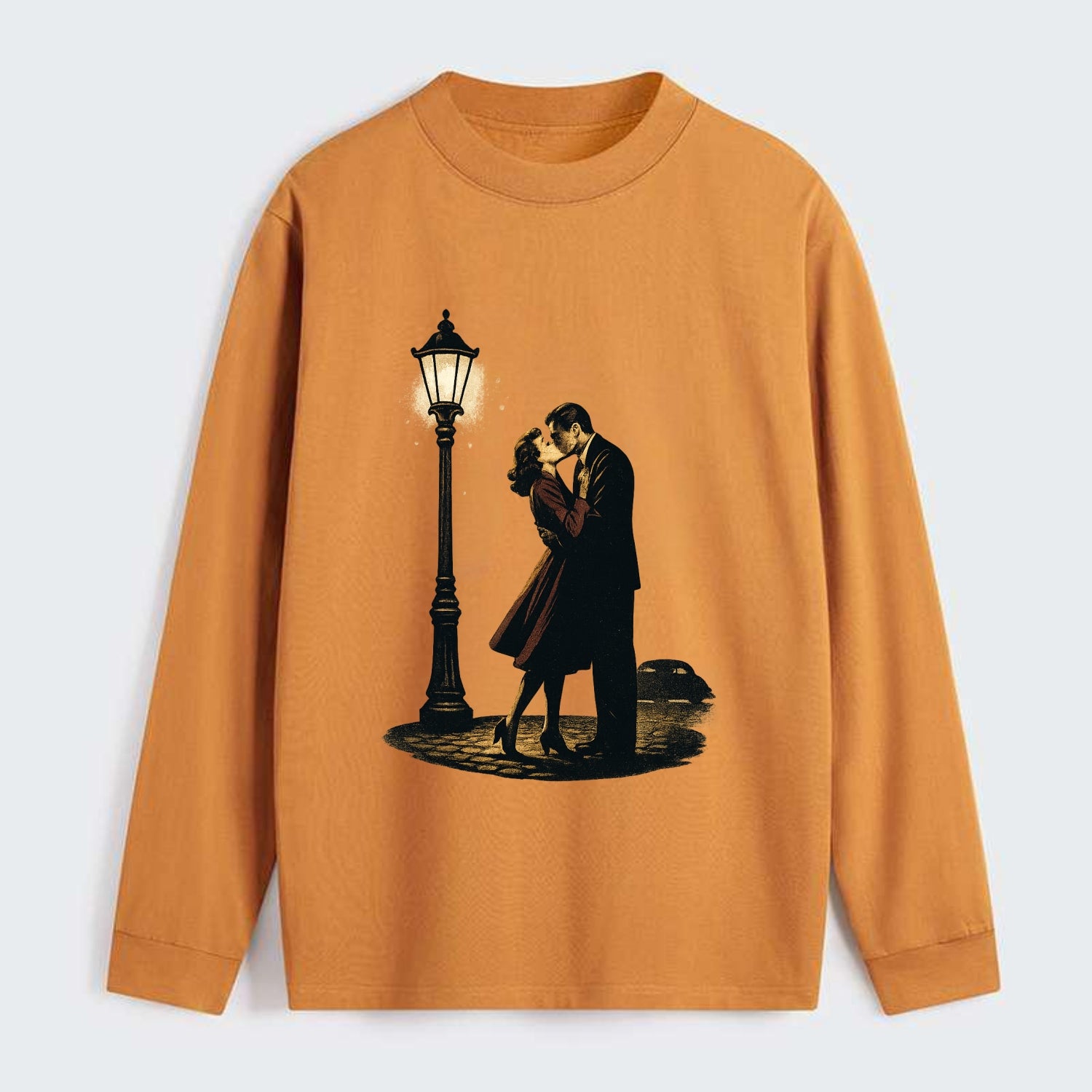 first kiss under vintage street lamp on cobblestone at night - Classic Long Sleeve Shirt - Orange