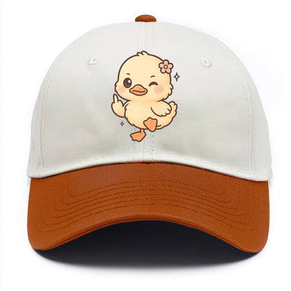 fluffy baby duck with small flower, one webbed foot raised sassily - Two Tone Cap - Orange