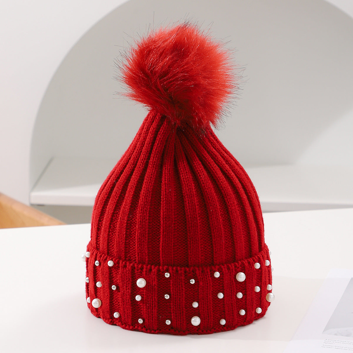 Pearl Knit Pom-Pom Beanie - Cozy Winter Hat