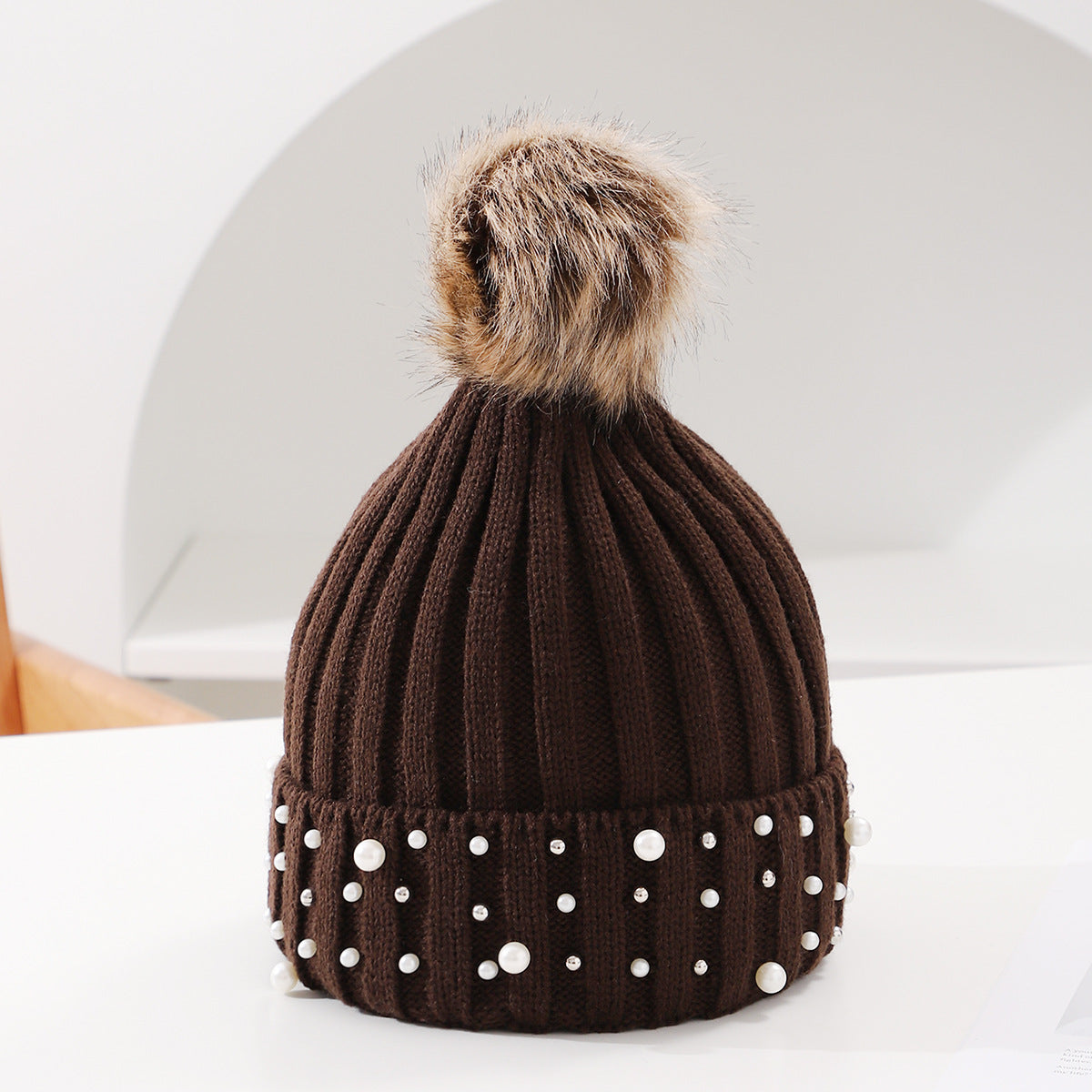 Pearl Knit Pom-Pom Beanie - Cozy Winter Hat