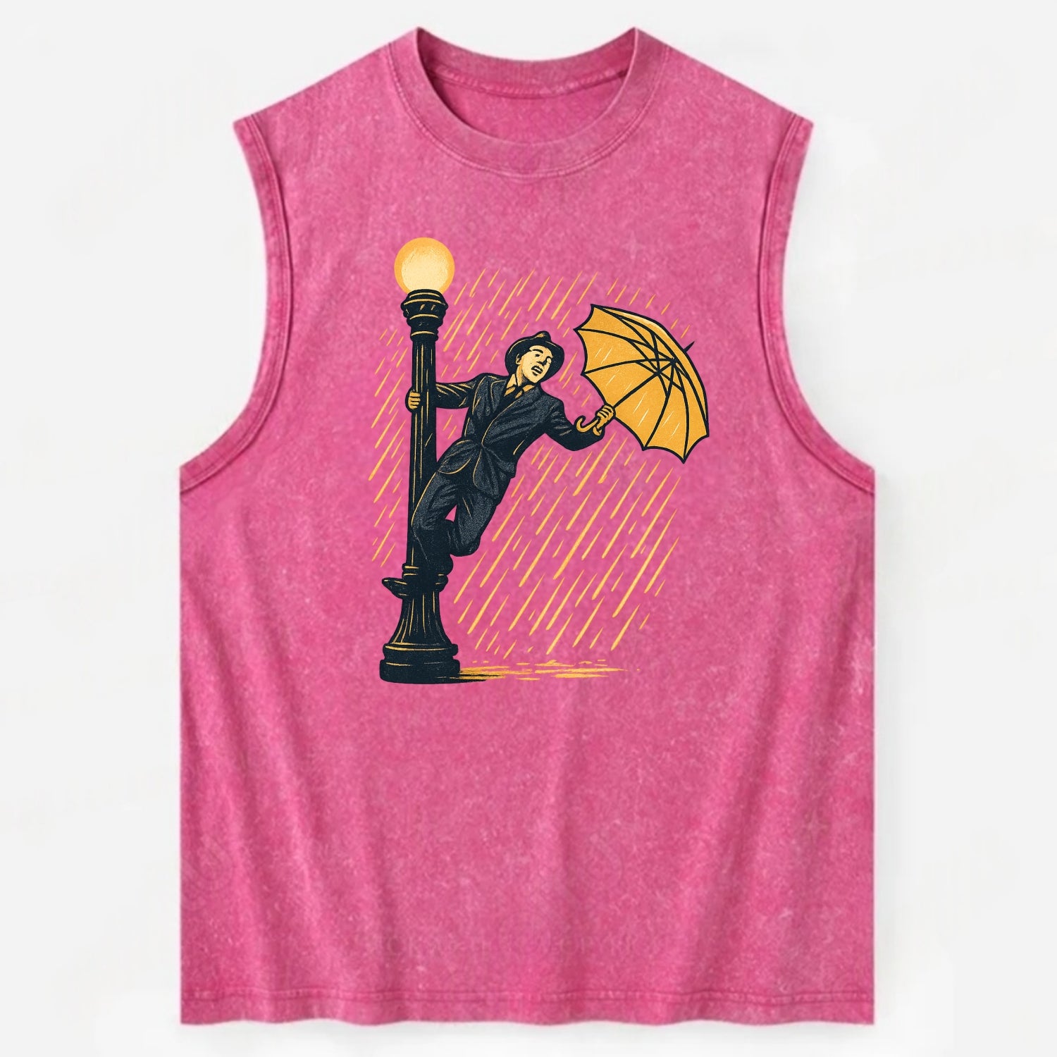 joyful dancing on lamppost in heavy rain with big smile - Vintage Washed Tank - Pink