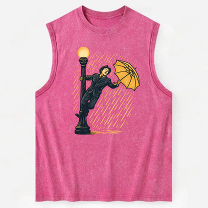 joyful dancing on lamppost in heavy rain with big smile - Vintage Washed Tank - Pink