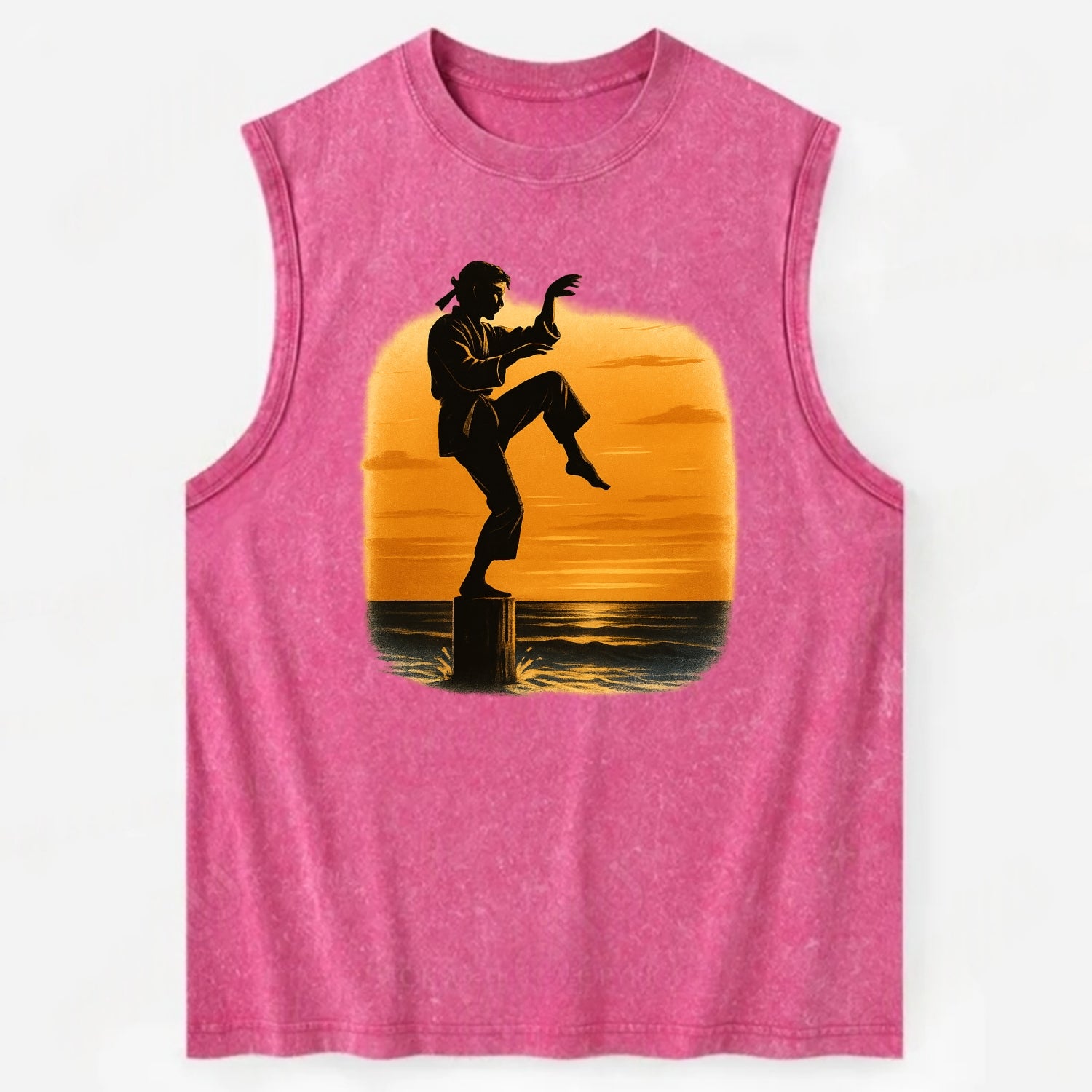 karate crane kick pose on wooden post at beach sunset - Vintage Washed Tank - Pink