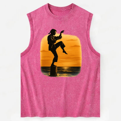 karate crane kick pose on wooden post at beach sunset - Vintage Washed Tank - Pink