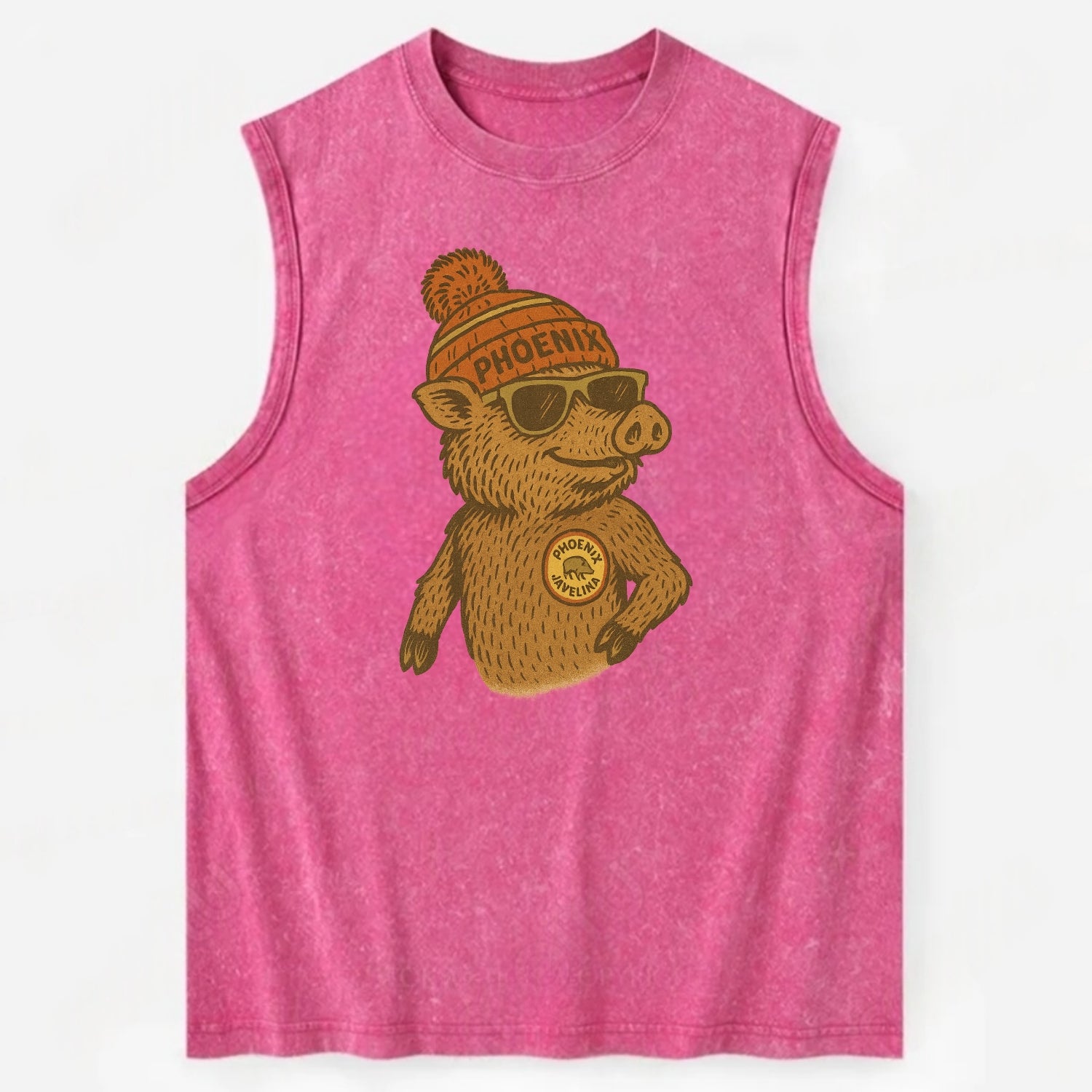 Phoenix Javelina wearing Phoenix beanie with pom pom and wayfarer sunglasses - Vintage Washed Tank - Pink