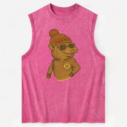 Phoenix Javelina wearing Phoenix beanie with pom pom and wayfarer sunglasses - Vintage Washed Tank - Pink