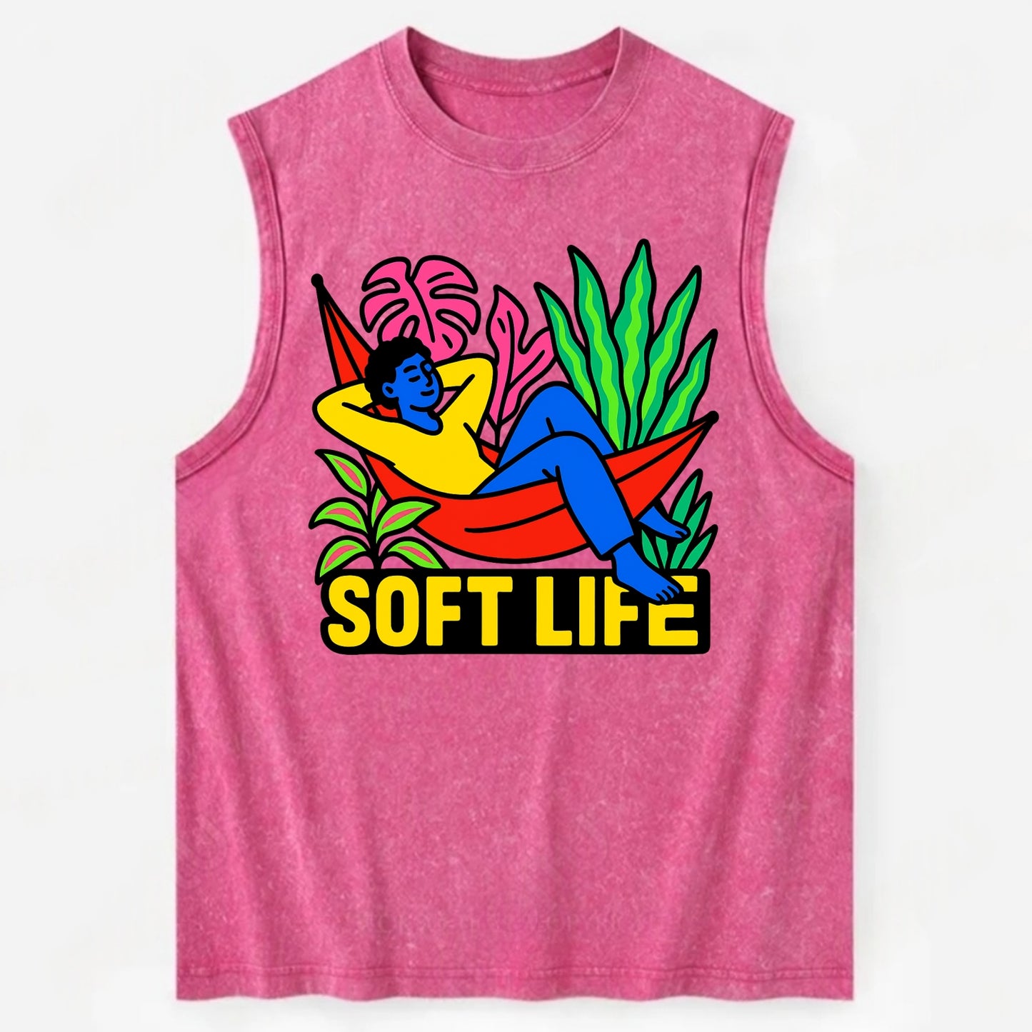 Person relaxing in hammock with plants - "soft life" aesthetic, peaceful - Vintage Washed Tank - Pink