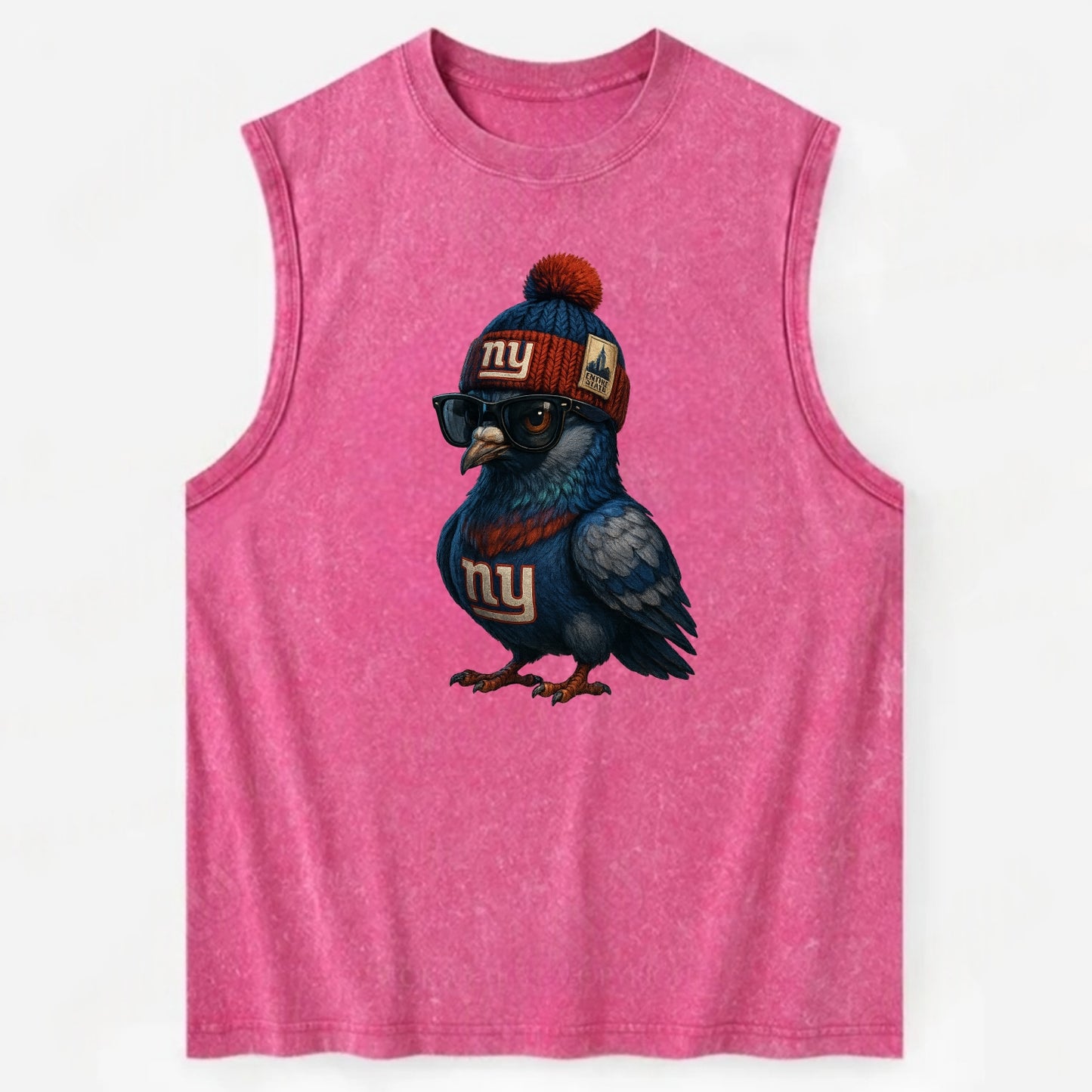 Manhattan Pigeon wearing Giants beanie with Empire State patch and wayfarer - Vintage Washed Tank - Pink