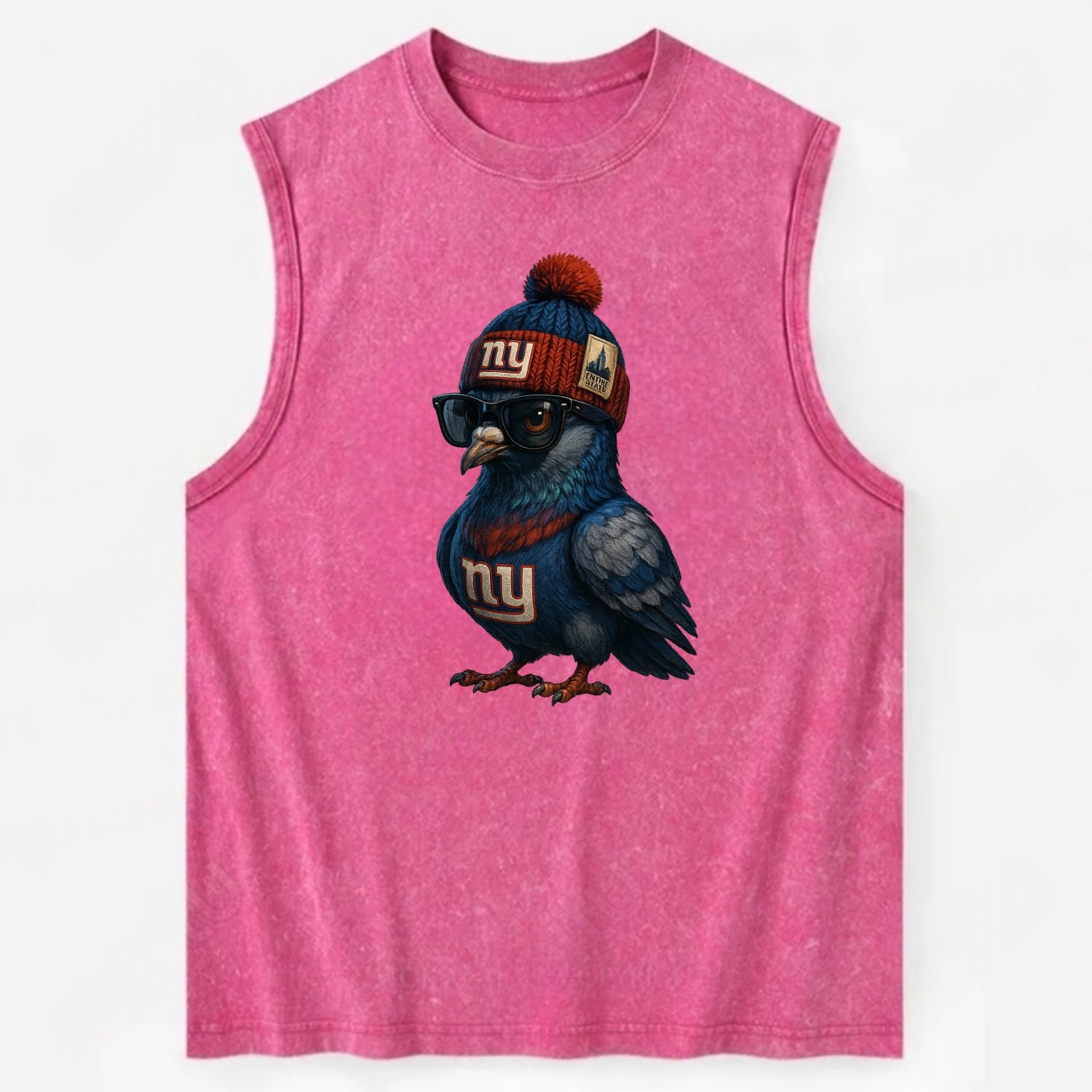 Manhattan Pigeon wearing Giants beanie with Empire State patch and wayfarer - Vintage Washed Tank - Pink