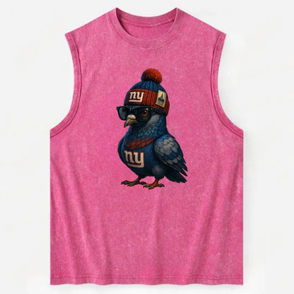 Manhattan Pigeon wearing Giants beanie with Empire State patch and wayfarer - Vintage Washed Tank - Pink