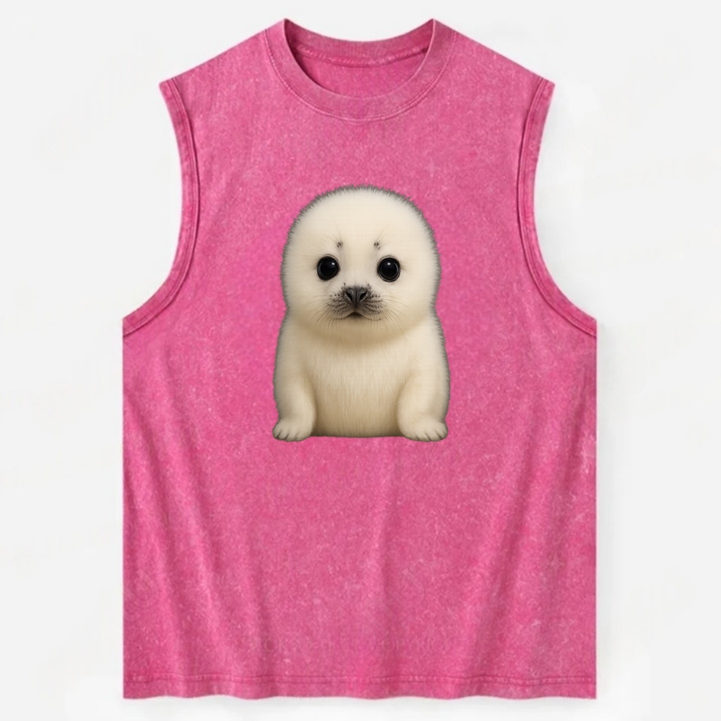 Baby Harp Seal - pure white fluffy fur, enormous dark eyes, front-facing, - Vintage Washed Tank - Pink