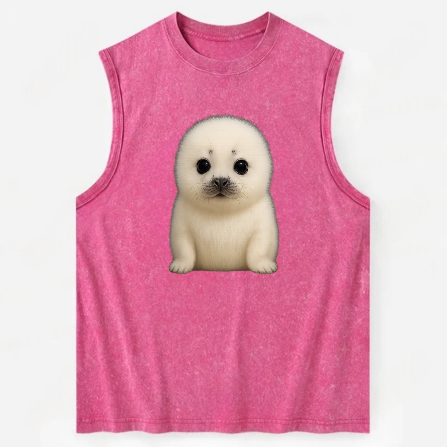 Baby Harp Seal - pure white fluffy fur, enormous dark eyes, front-facing, - Vintage Washed Tank - Pink